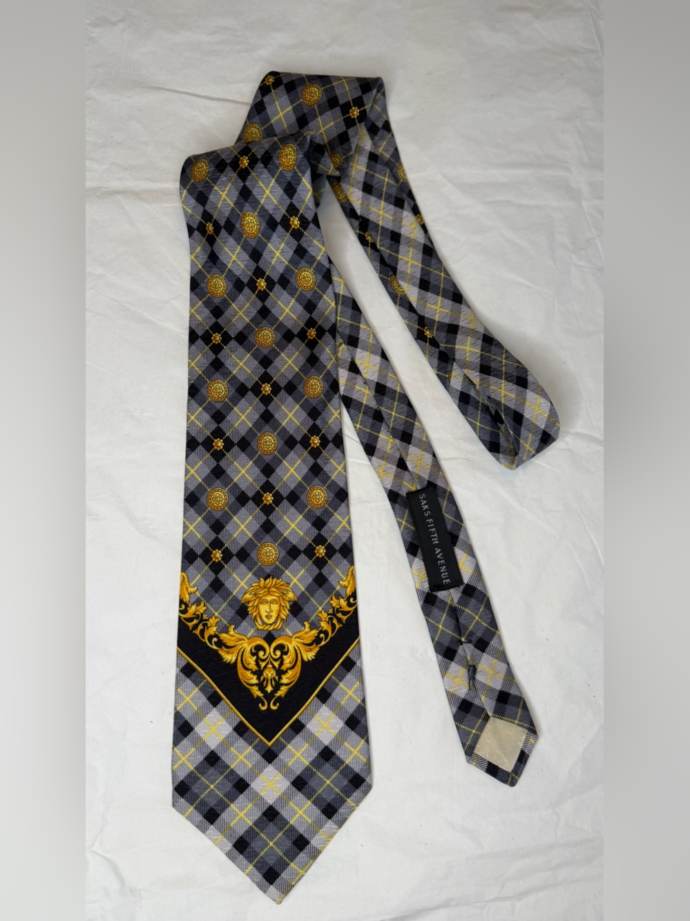 Versace Gray and Gold Plaid Medallion Silk Tie